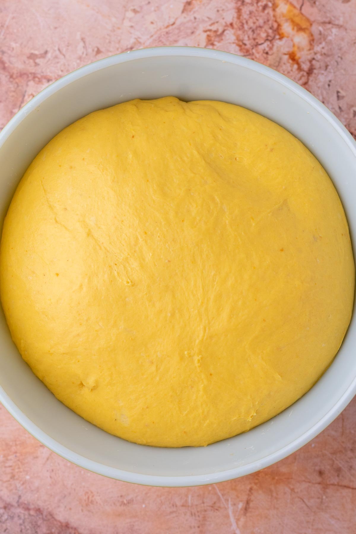 sourdough pumpkin cinnamon swirl bread dough in bowl at the end of bulk fermentation doubled in size.