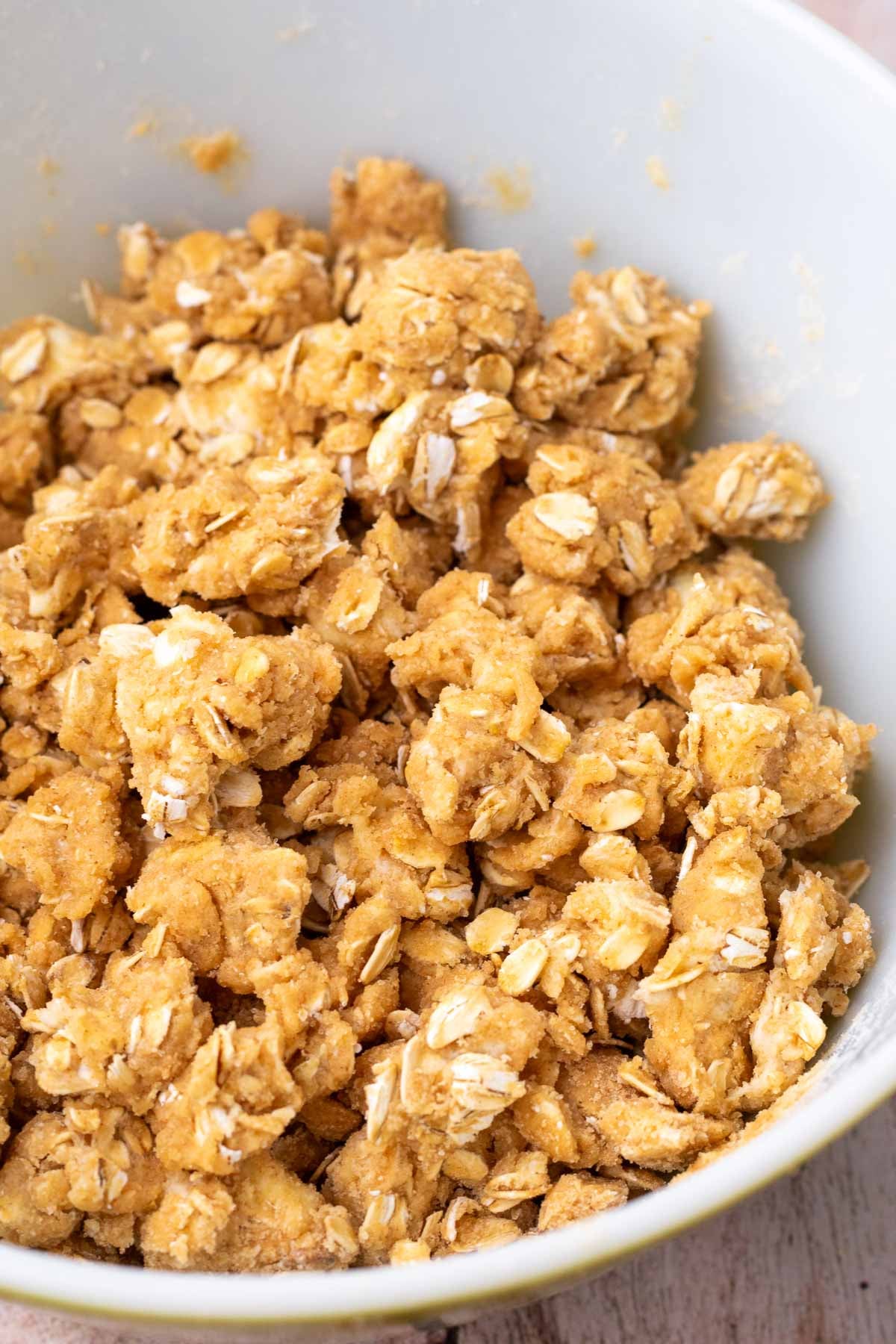 Close up of sourdough streusel in a bowl.