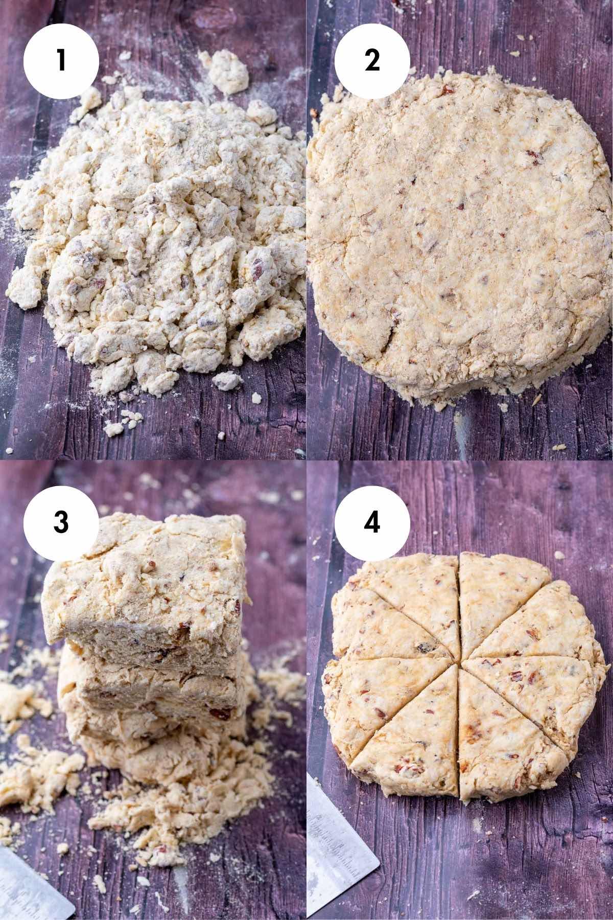 Collage of four images on how to shape sourdough maple pecan scones into wedges.