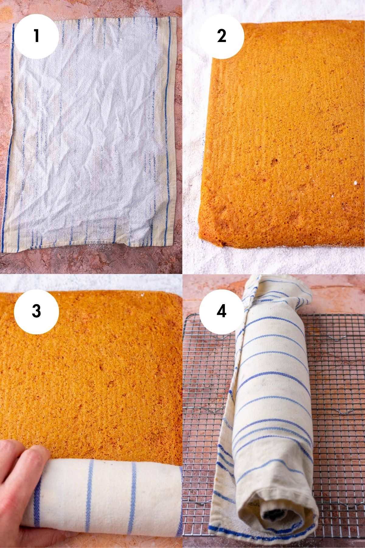 Collage of how to shape and roll sourdough pumpkin roll in towel