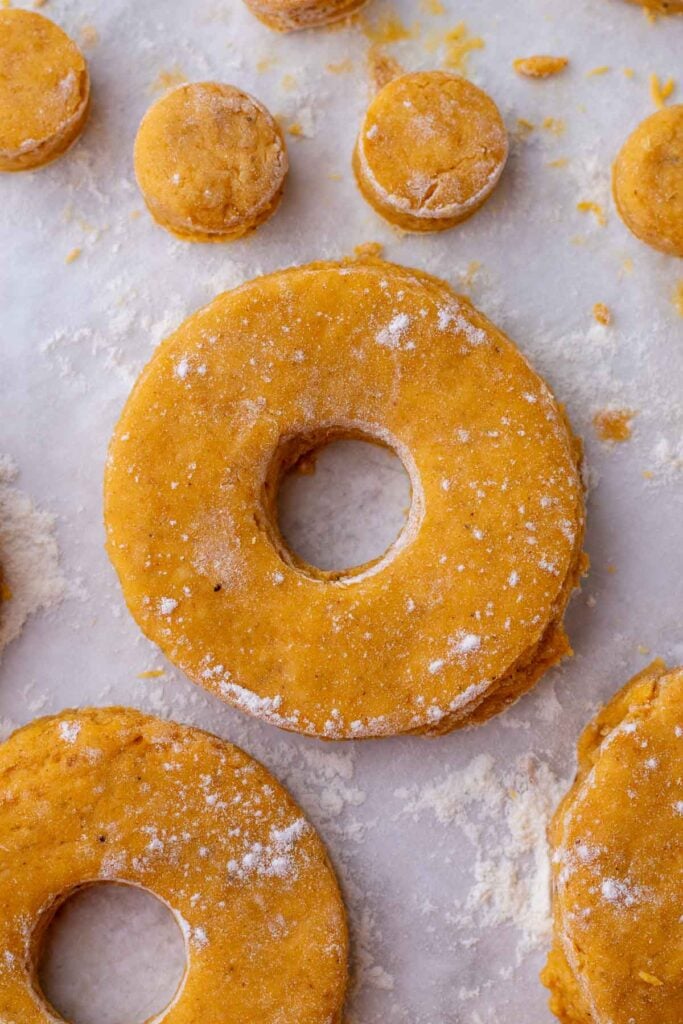 Cut out sourdough pumpkin donuts with donut holes.