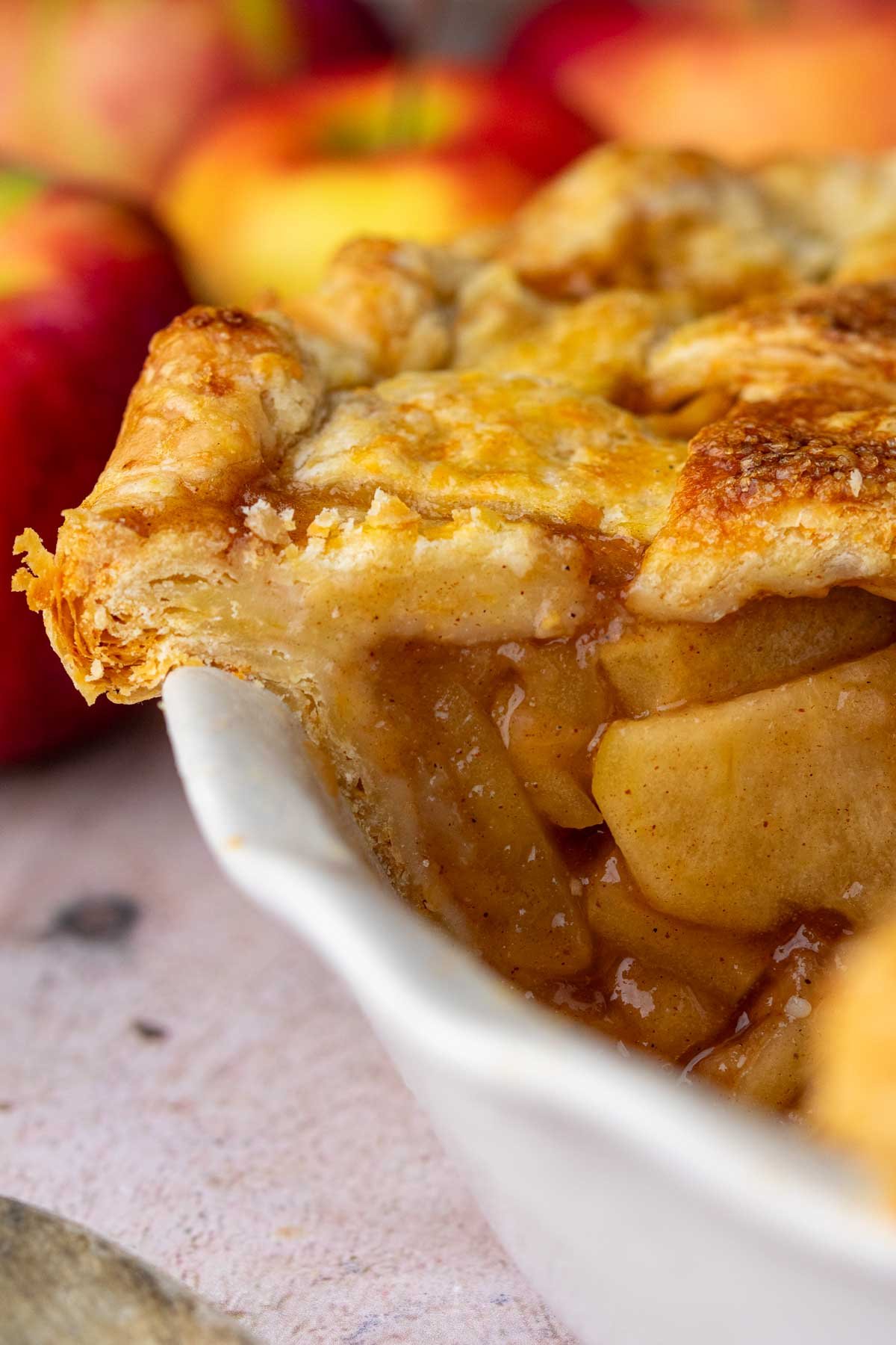 Close up of a flaky sourdough apple pie crust.