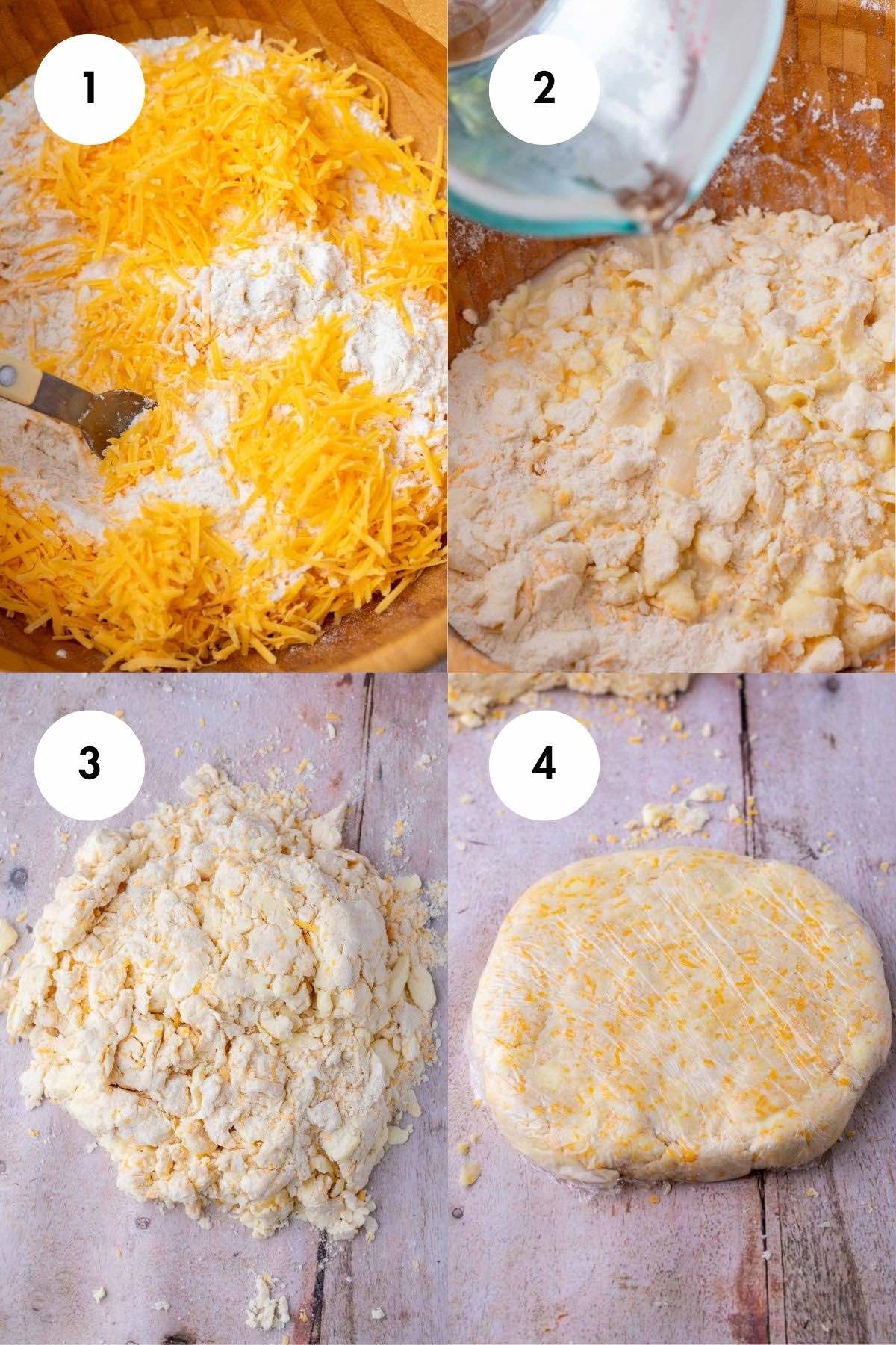 Collage of four photos showing how to make sourdough cheddar pie crust from shredding cheese, pouring in water, mixing dough, and shaping into a disc.