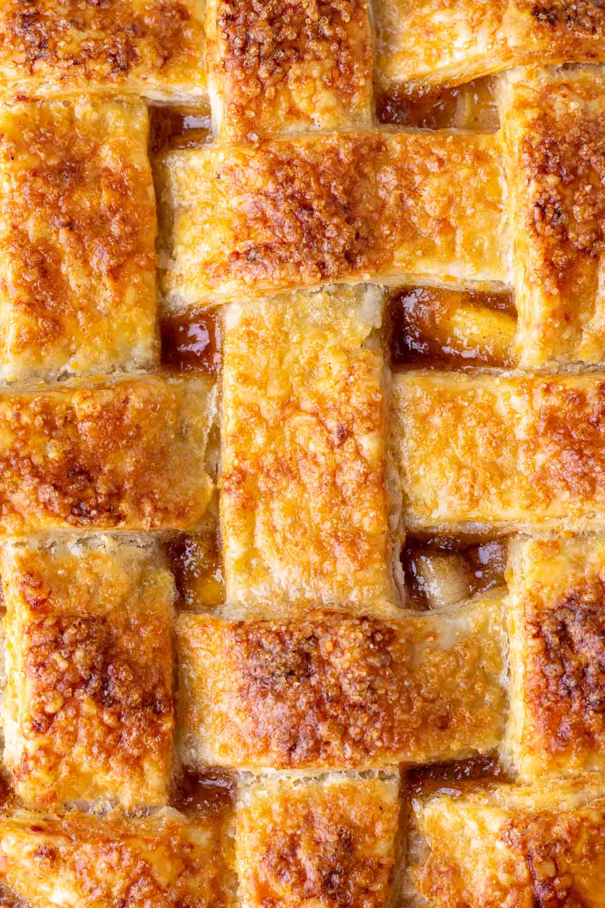 Close up of sourdough apple pie with lattice crust.