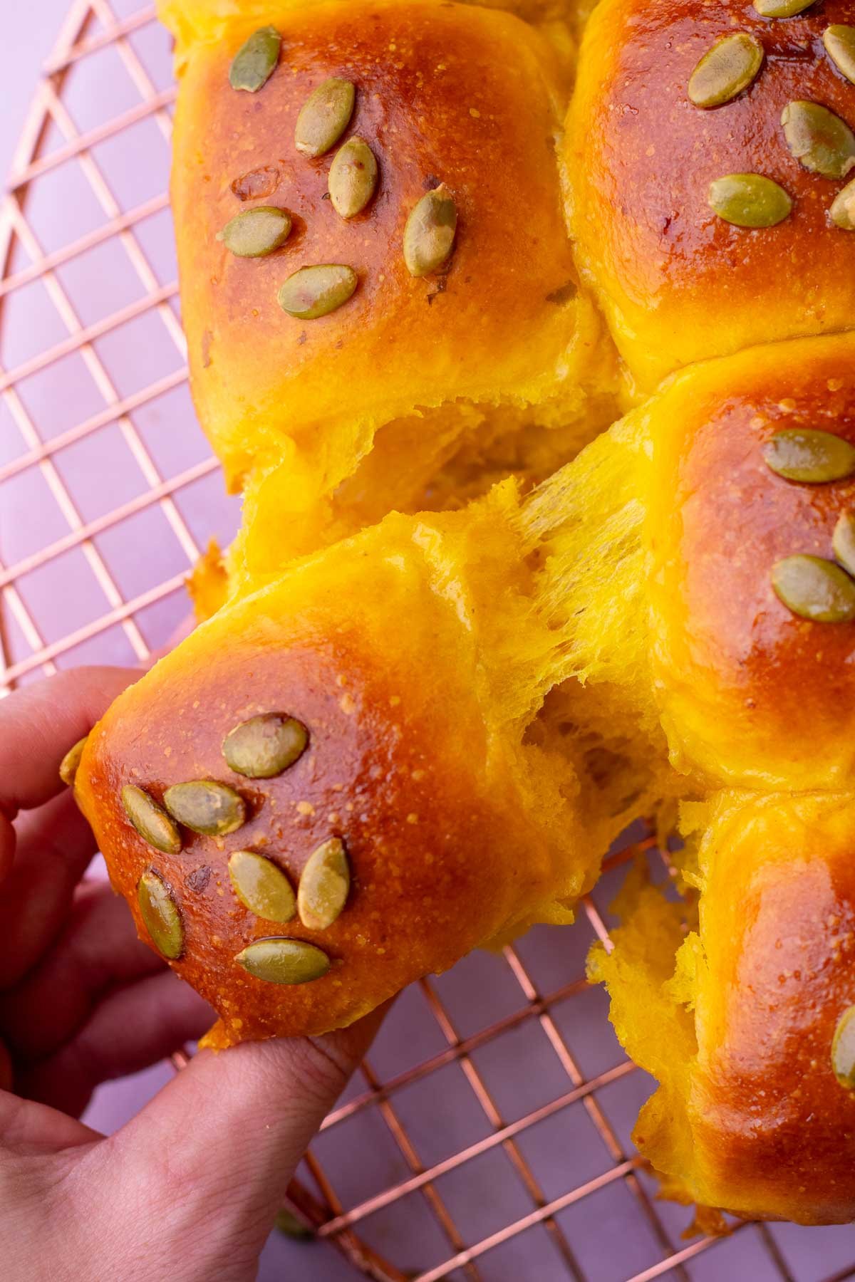Hand pulling apart soft sourdough pumpkin dinner rolls.