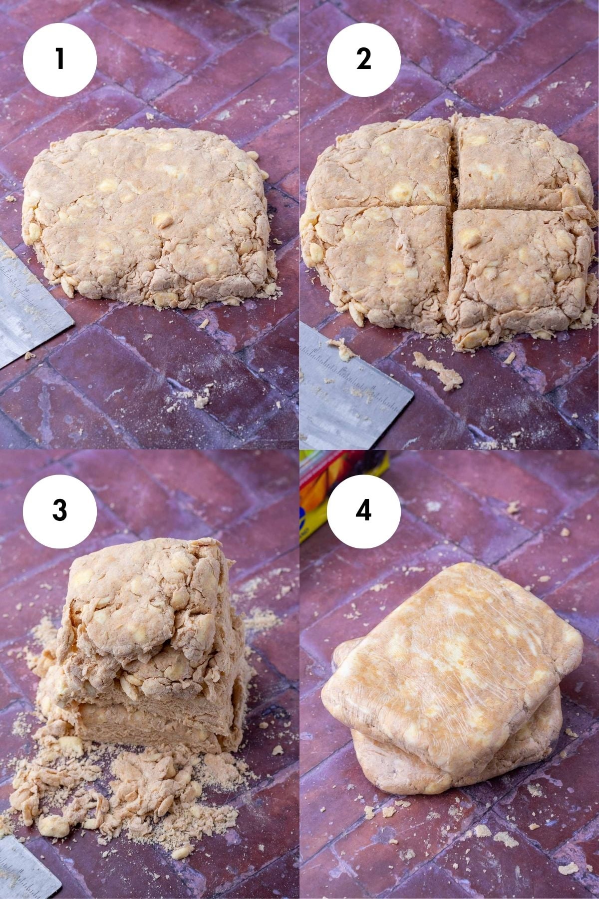 Collage of four steps of how to laminate sourdough pie dough including bringing it together with a bench scraper, dividing into quarters, stacking the layers, and wrapping the dough in plastic wrap.