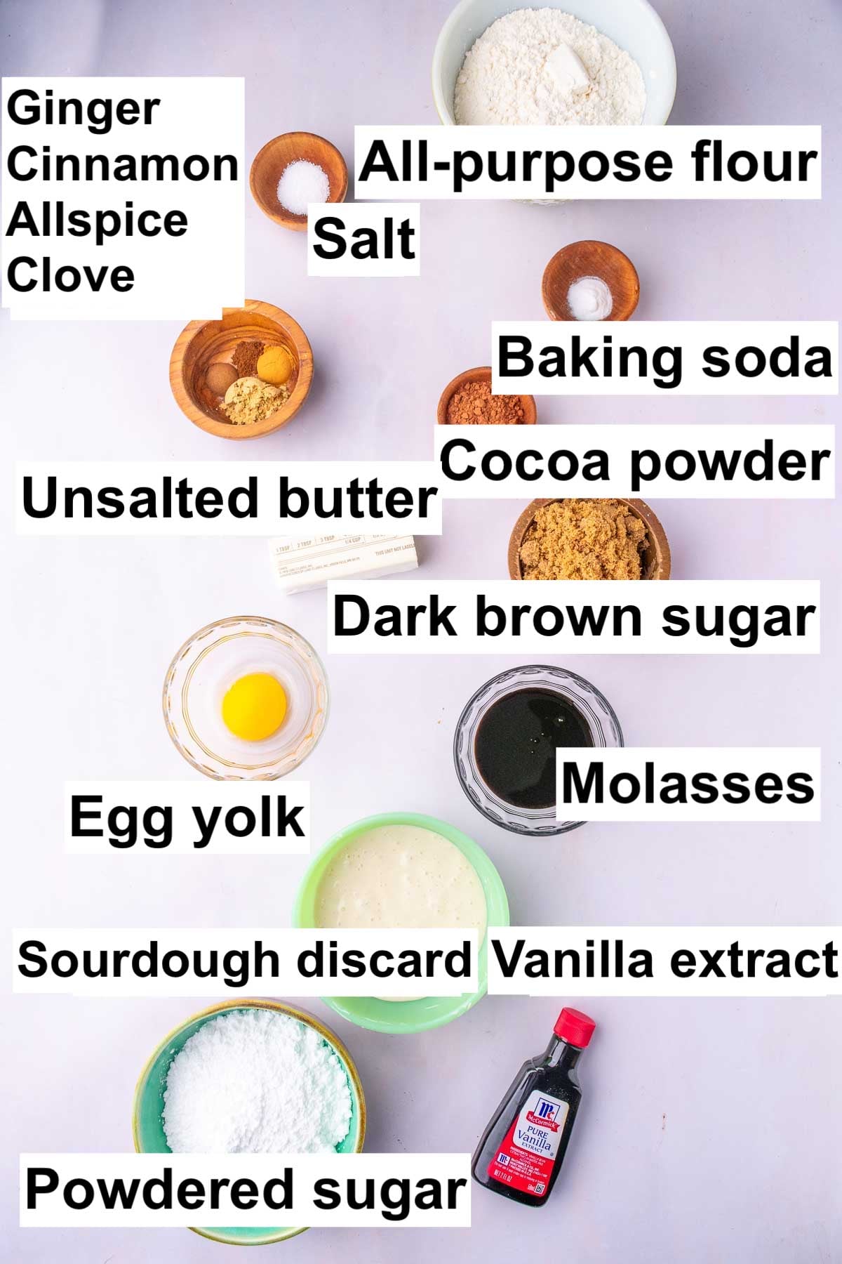 Labeled bowl of ingredients needed for soft glazed sourdough gingerbread cookies including all-purpose flour, salt, baking soda, unsalted butter, cocoa powder, dark brown sugar, egg yolk, molasses, vanilla extract, sourdough discard, powdered sugar, and ginger, cinnamon, allspice, and clove.