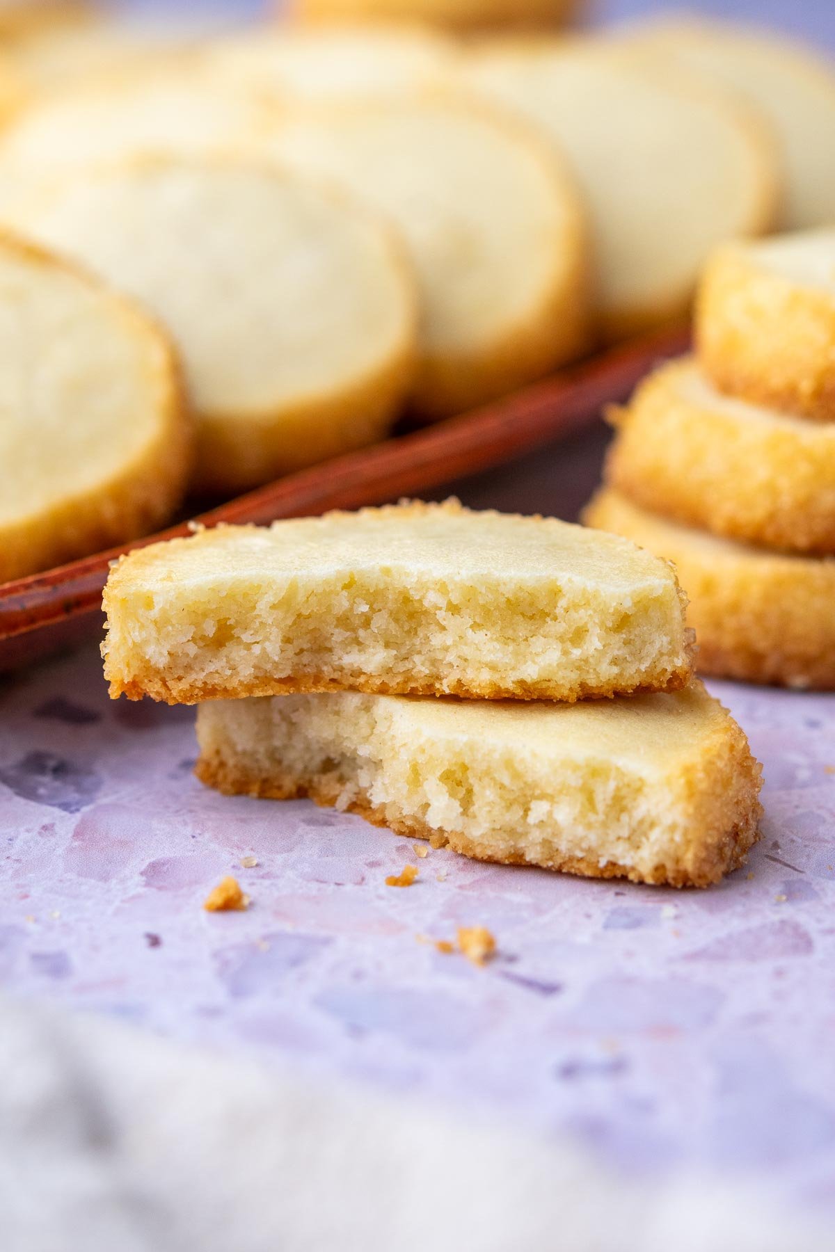 Bite of sourdough shortbread cookies.