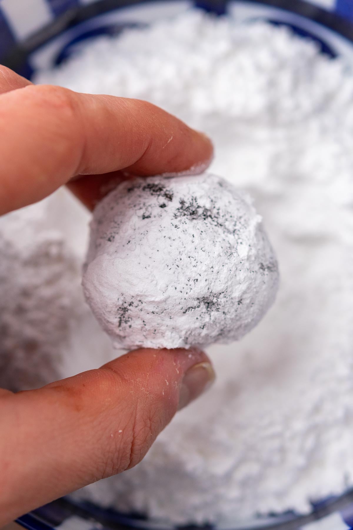 Hand rolling a sourdough chocolate crinkle cookie in powdered sugar.