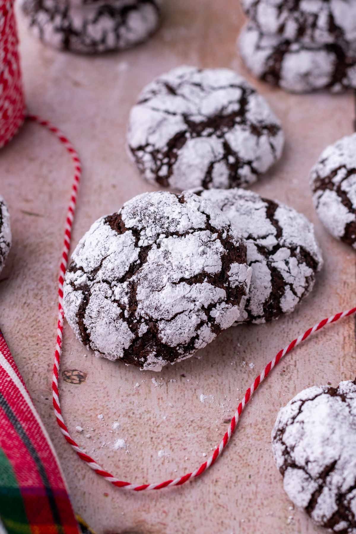Sourdough chocolate crinkle cookies with red and white twine.