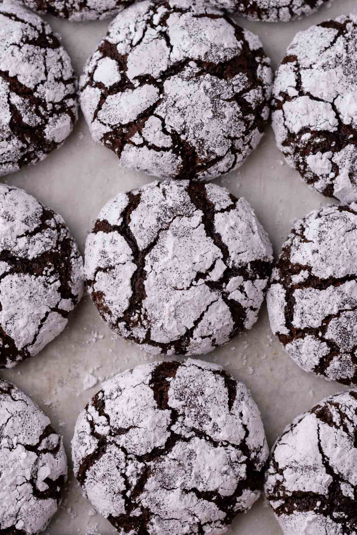 Many Sourdough chocolate crinkle cookies on parchment paper.