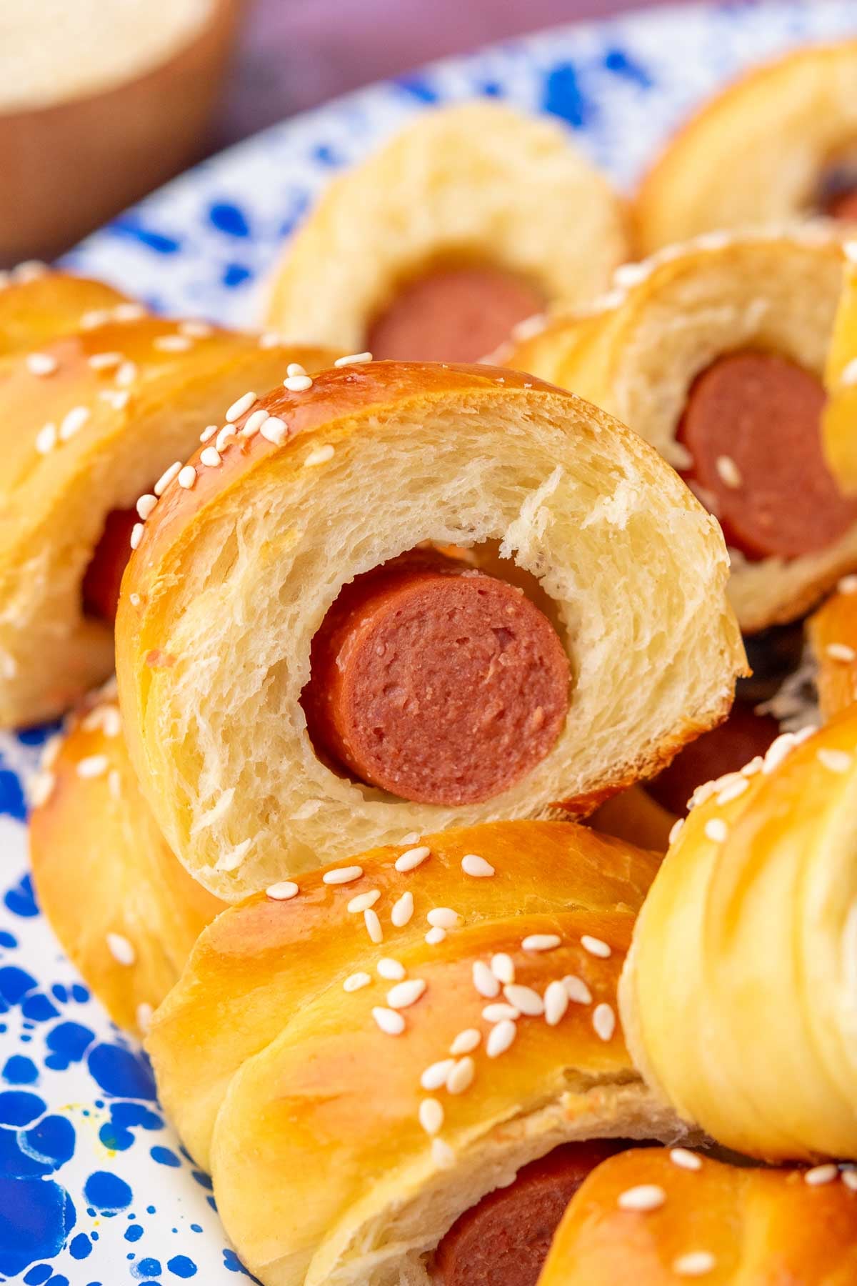 Close up of sourdough pigs in a blanket.