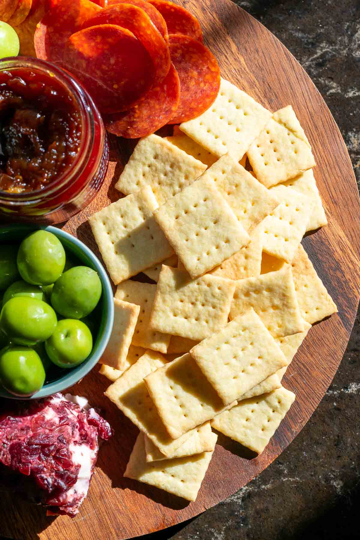 Sourdough Butter Crackers on a cheese board.