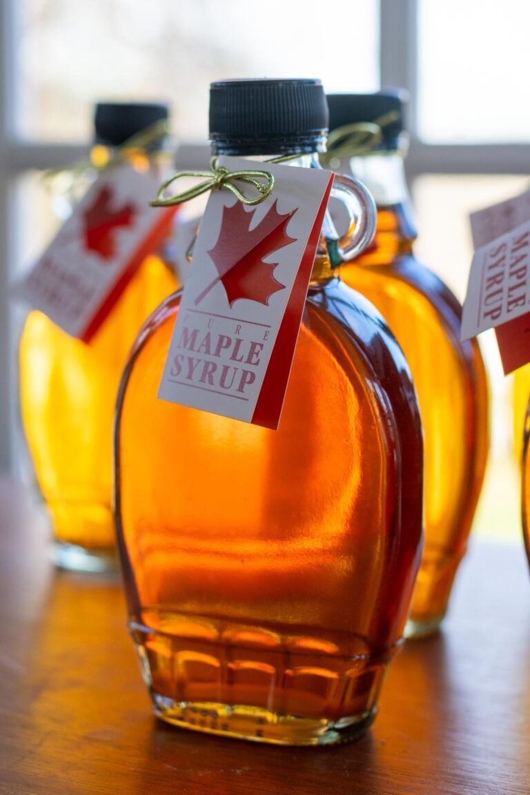 Homemade maple syrup in jars.