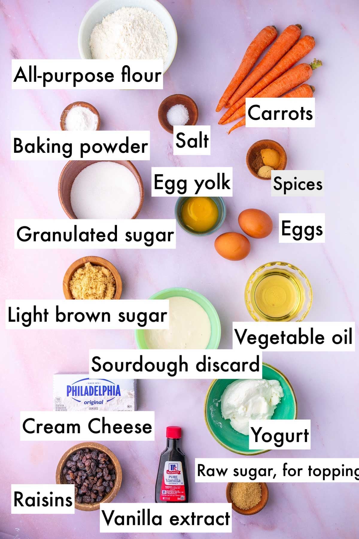 Labeled bowls of ingredients needed for sourdough carrot cake muffins including all-purpose flour, carrots, salt, spices, baking powder, granulated sugar, light brown sugar, eggs, egg yolk, vegetable oil, sourdough discard, yogurt, cream cheese, vanilla, raisins, and raw sugar for topping.