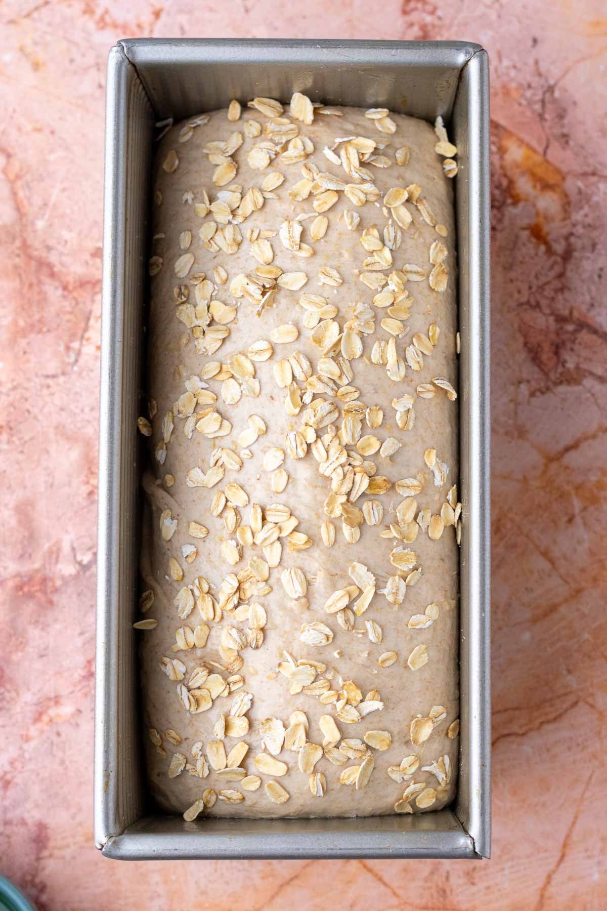 Proofed maple oat sourdough sandwich bread in a bread loaf pan topped with oats.