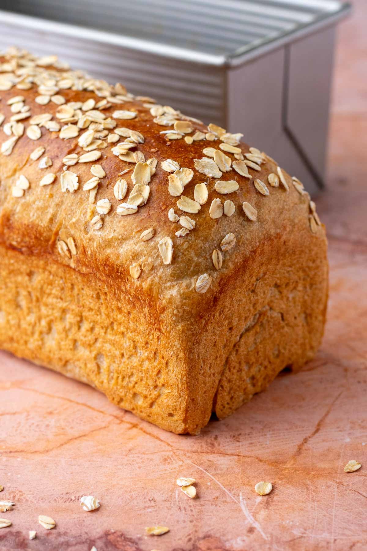 Loaf of maple oat sourdough sandwich bread topped with oats and a bread loaf pan behind it.