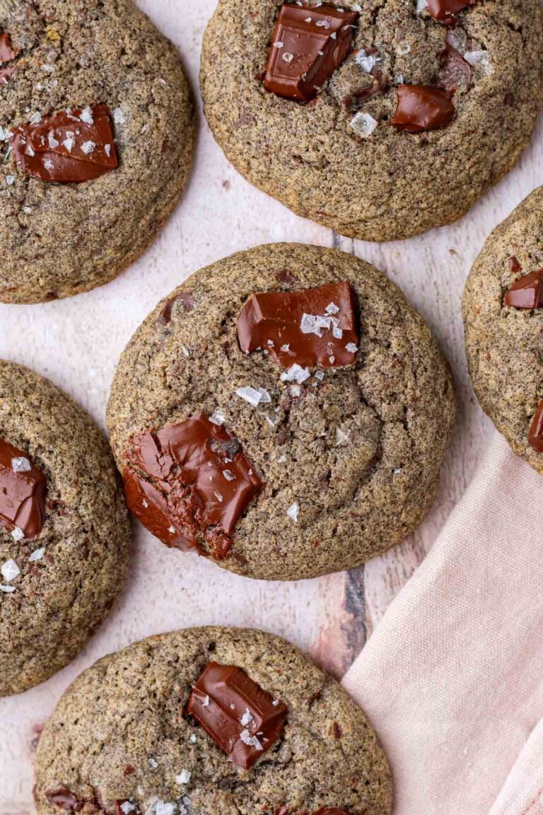 Sourdough buckwheat chocolate chip cookies with flaky salt on top.