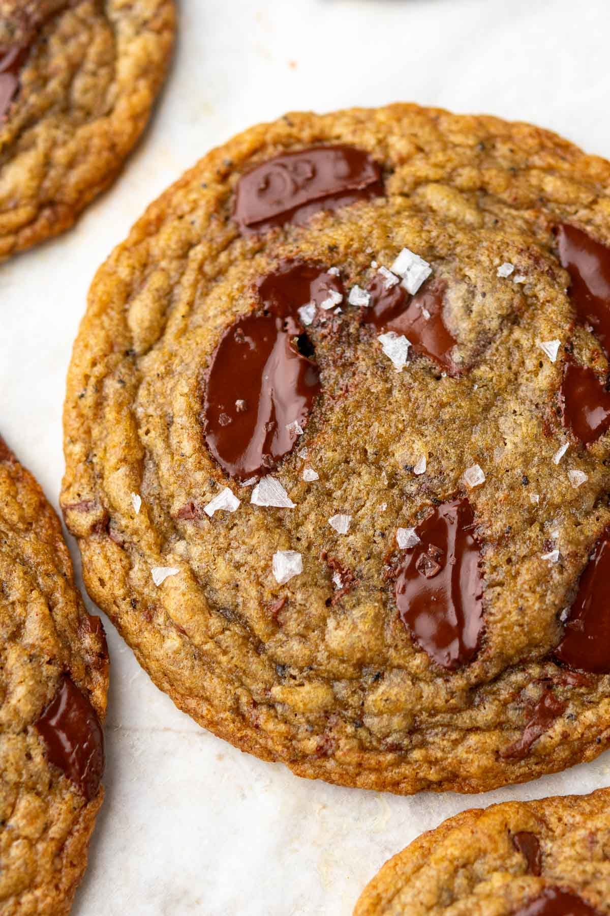 Close up of sourdough rye chocolate chip cookies.