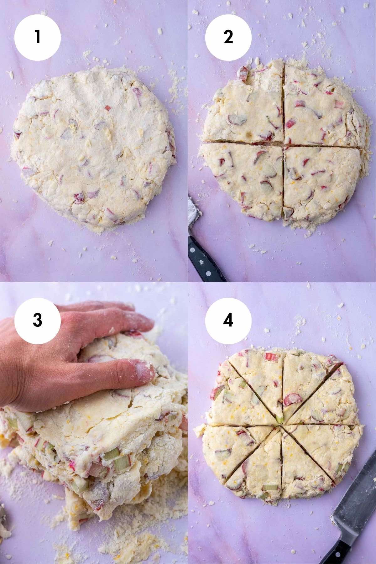 Four images on how to shape sourdough rhubarb scones including patting them down in a circle, cutting into quarters, stacking and pressing down for flaky layers, and cutting into 8 wedges.