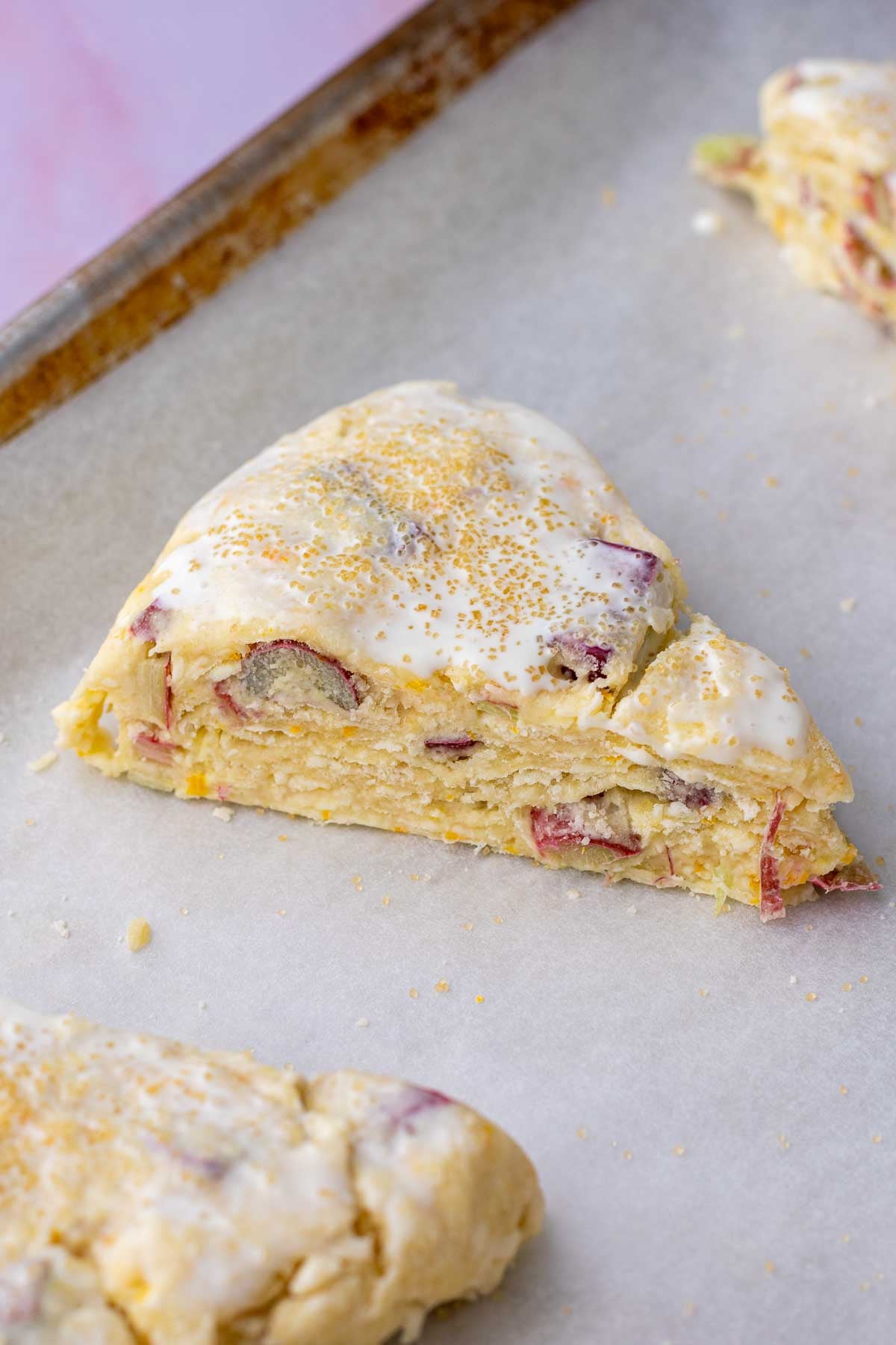 Unbaked sourdough rhubarb scone on a parchment lined baking sheet.