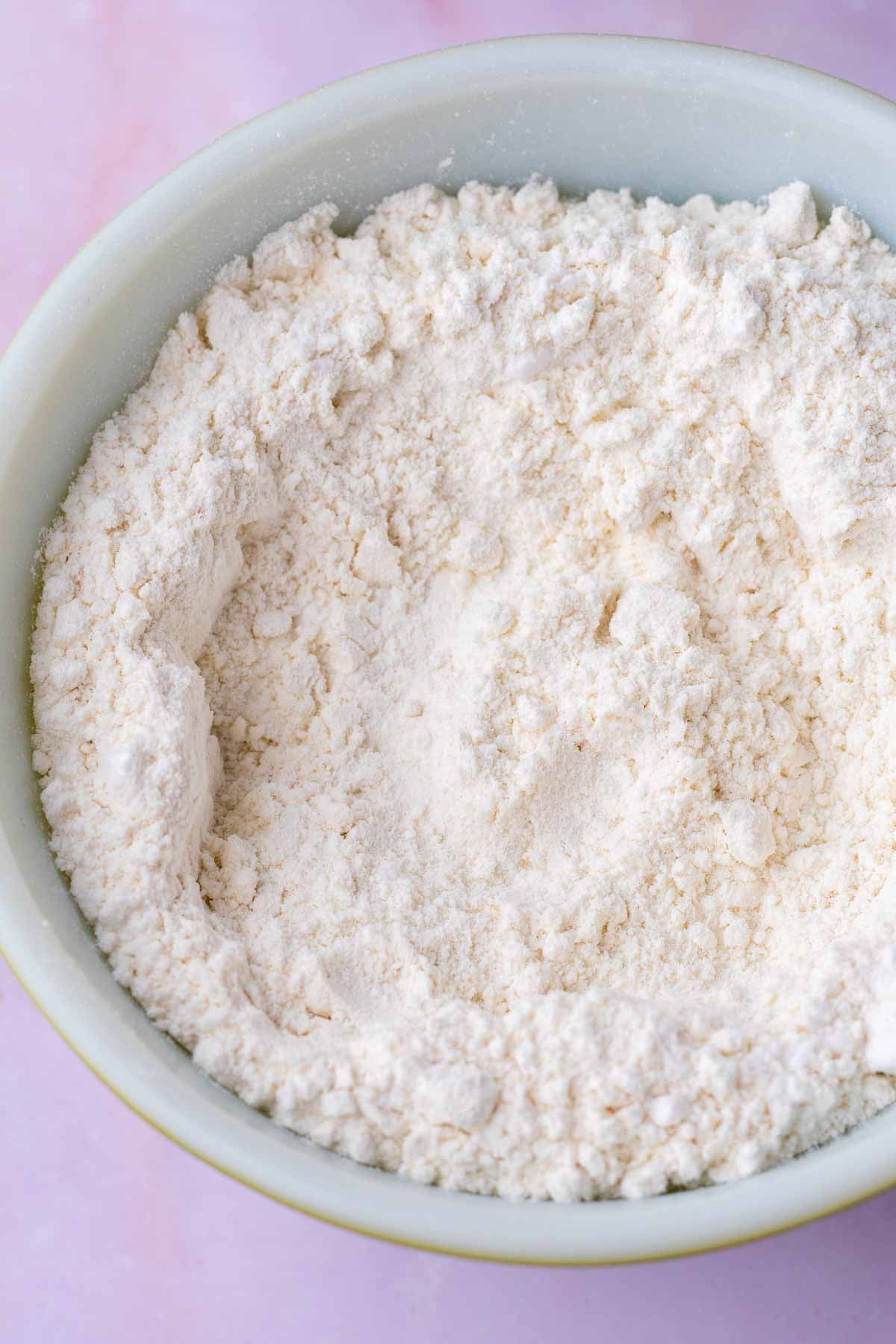 Bowl of dry ingredients for sourdough rhubarb cookies.