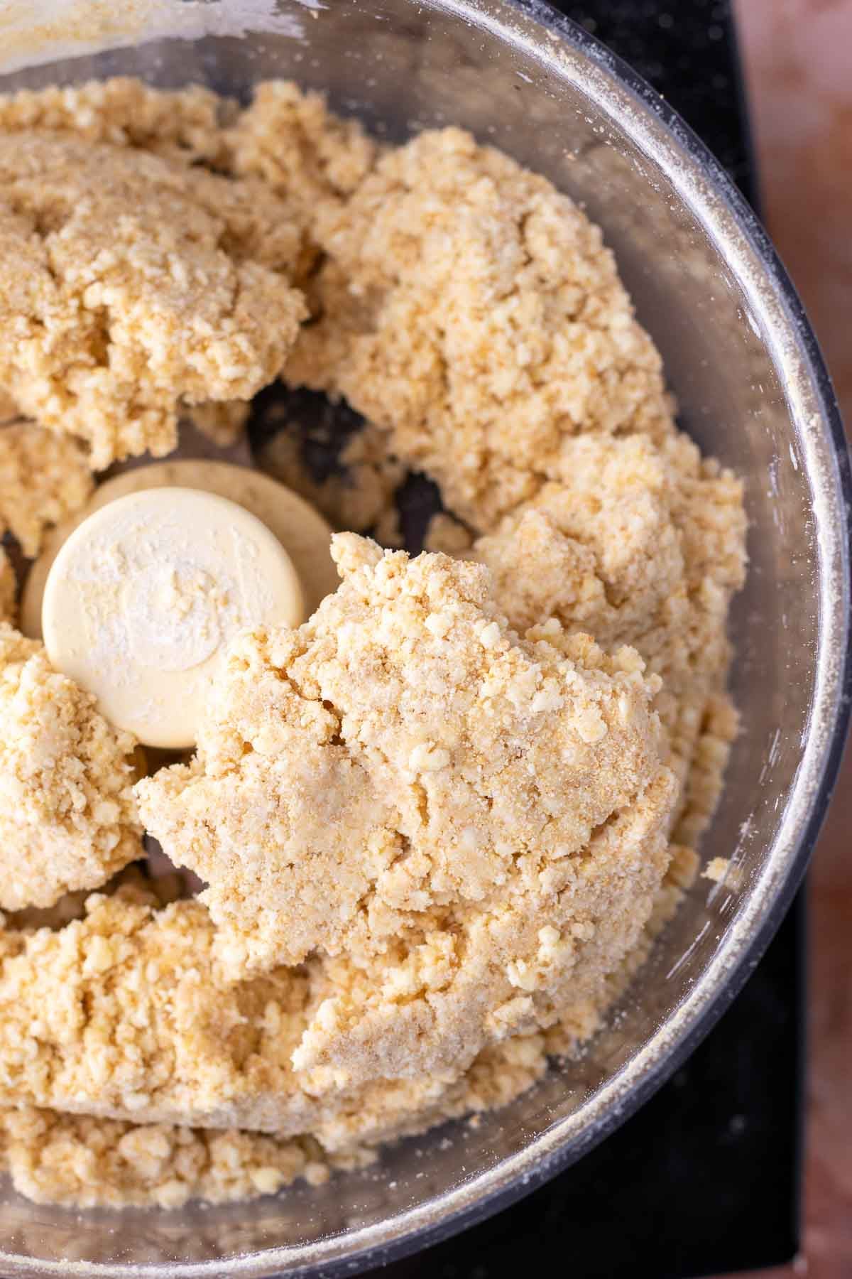 Mixed sourdough graham cracker pie crust in a food processor.