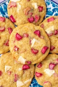 Close up of sourdough rhubarb cookies with white chocolate.