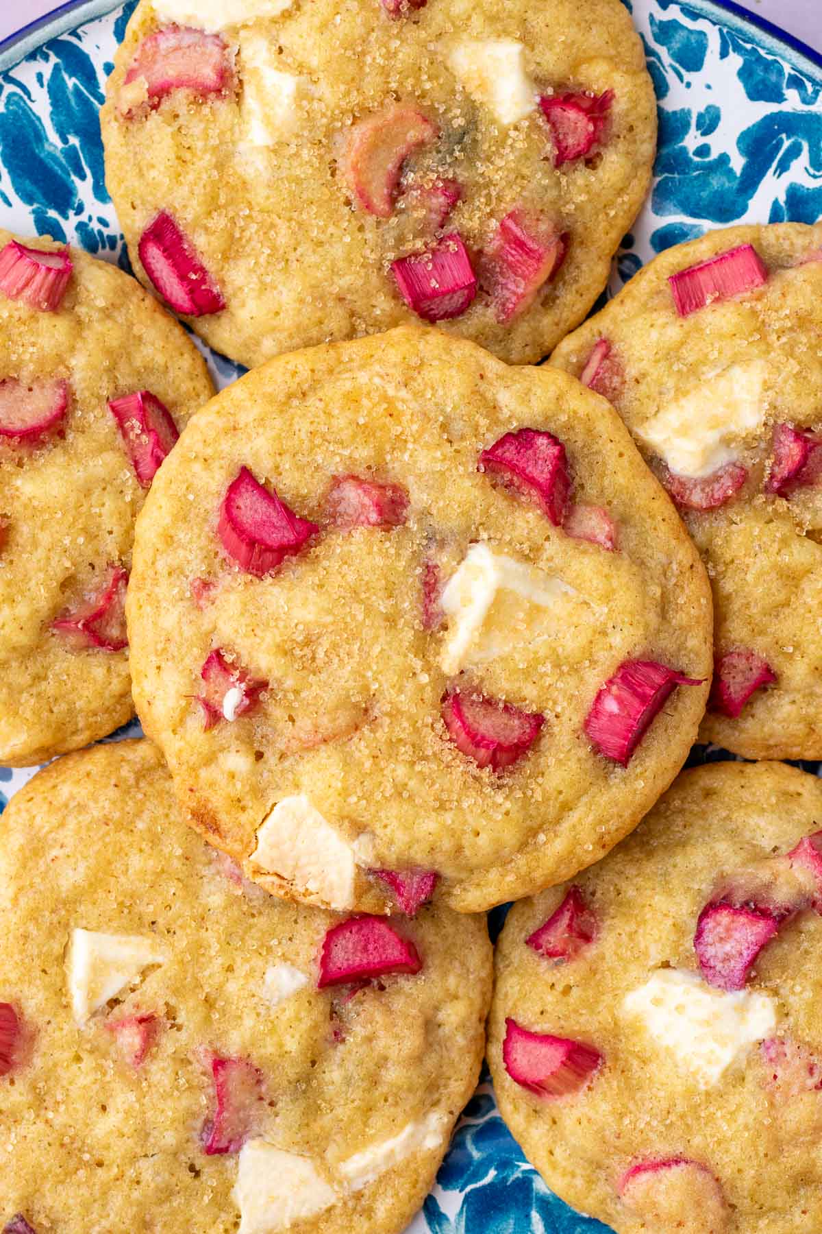 Close up of sourdough rhubarb cookies with white chocolate.