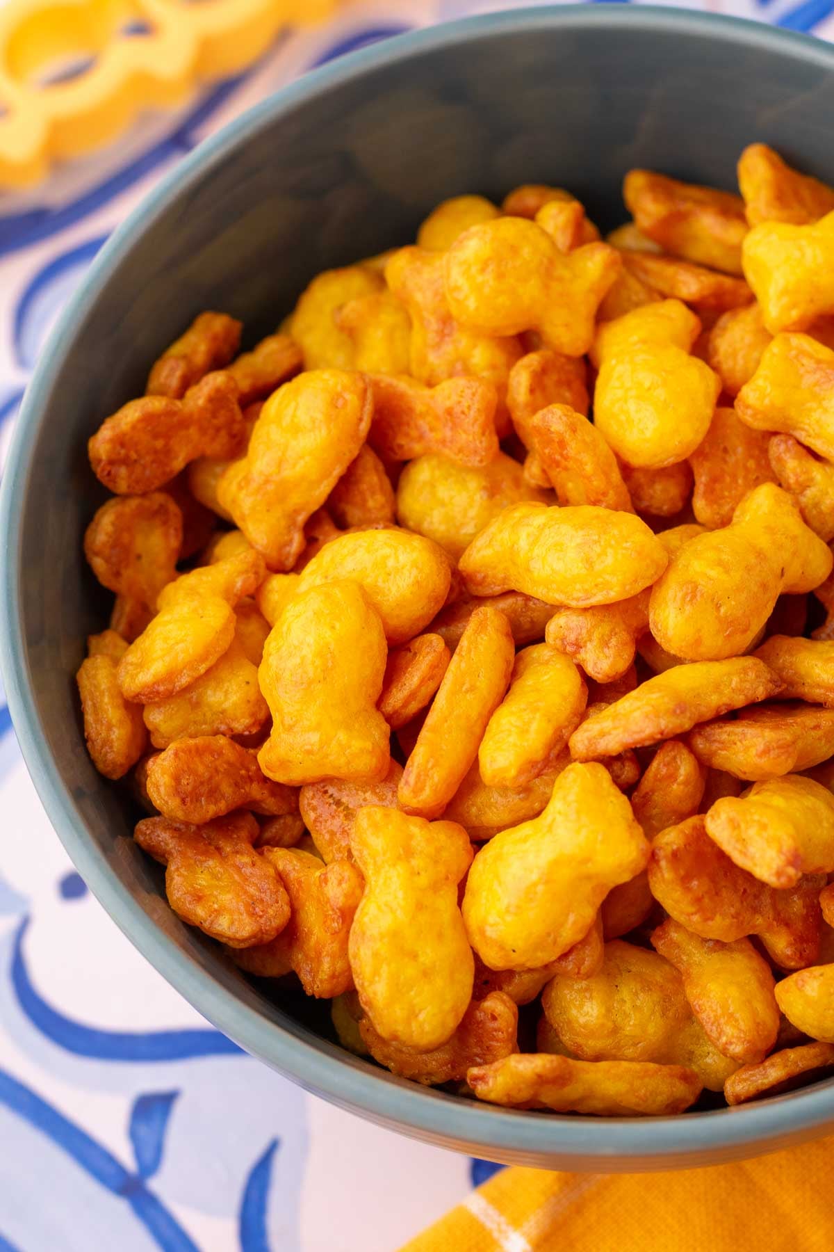 Close up of sourdough goldfish in a bowl.