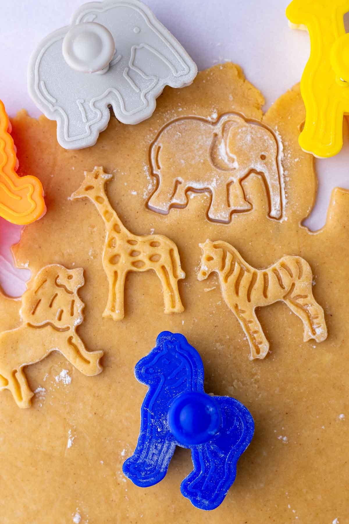 Cutting out sourdough animal crackers with cookie cutters.