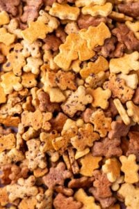 Close up of mixed flavors of sourdough teddy grahams, including chocolate, chocolate chip, and cinnamon.