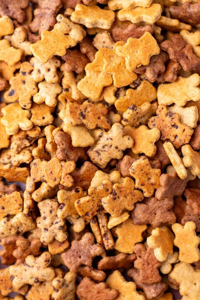 Close up of mixed flavors of sourdough teddy grahams, including chocolate, chocolate chip, and cinnamon.