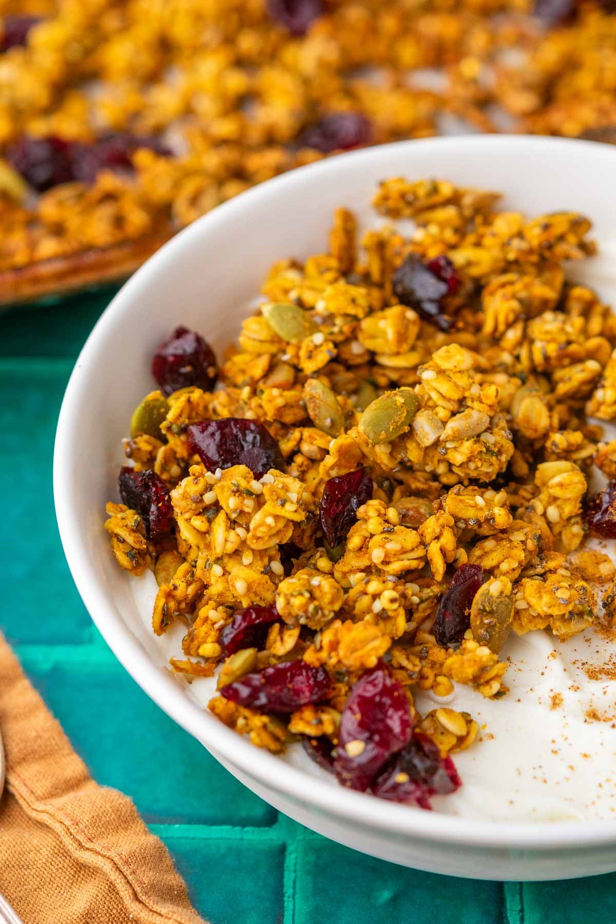 Close up of a bowl of sourdough pumpkin granola in yogurt.