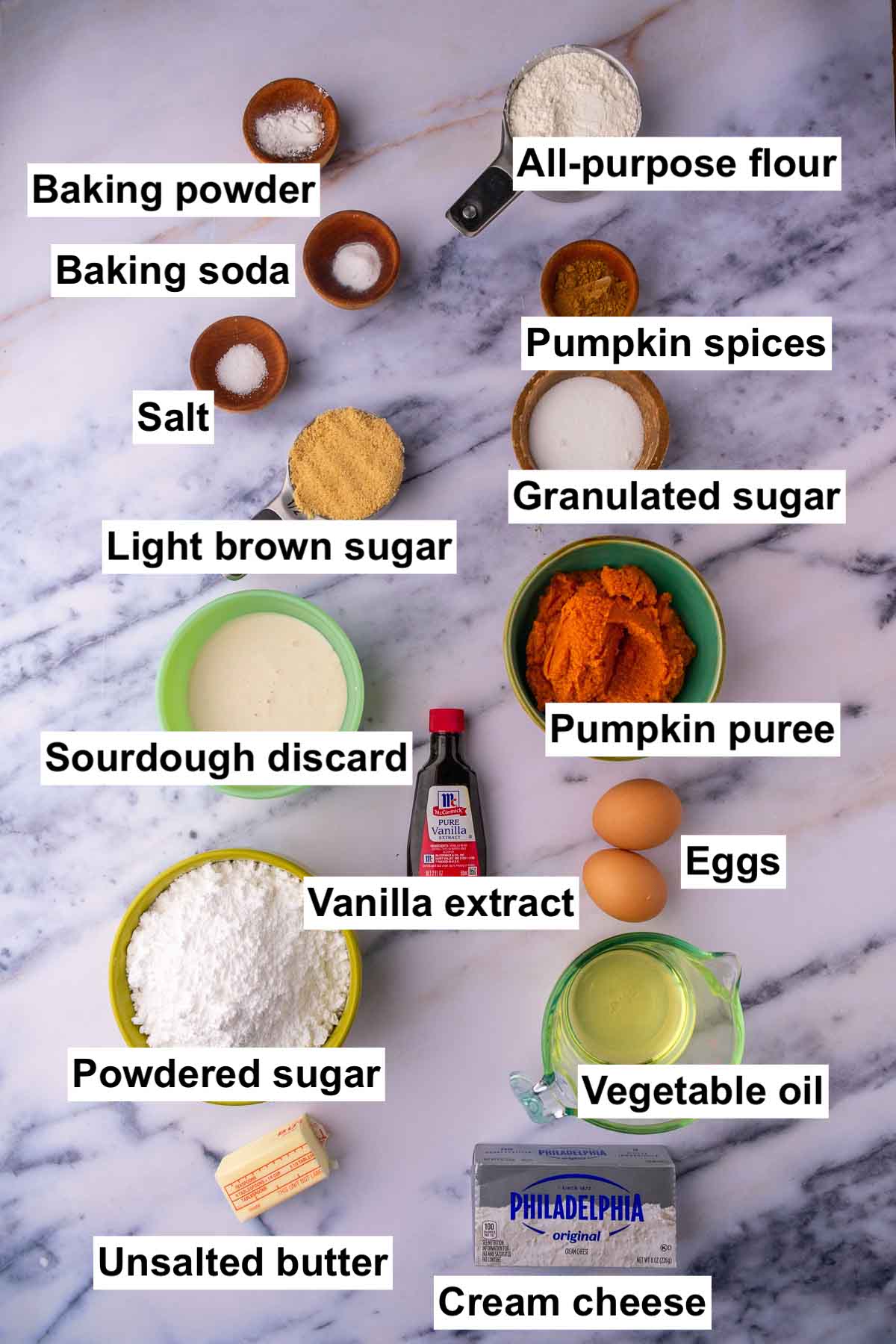 Labeled bowls of ingredients needed for sourdough pumpkin cupcakes including all-purpose flour, baking powder, baking soda, salt, pumpkin spices, granulated sugar, light brown sugar, pumpkin puree, sourdough discard, eggs, vanilla extract, vegetable oil, powdered sugar, unsalted butter, and cream cheese.