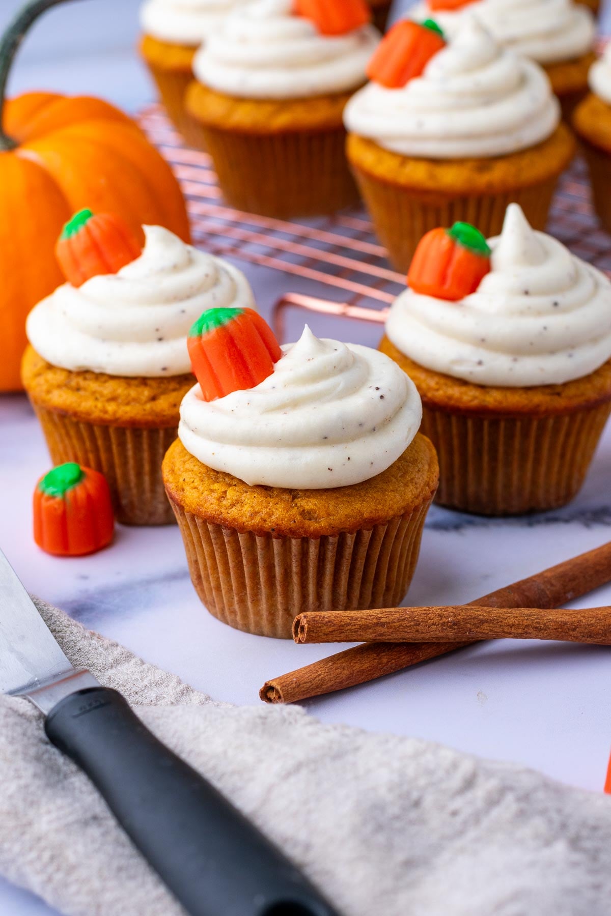 Sourdough pumpkin cupcakes with brown butter cream cheese frosting.