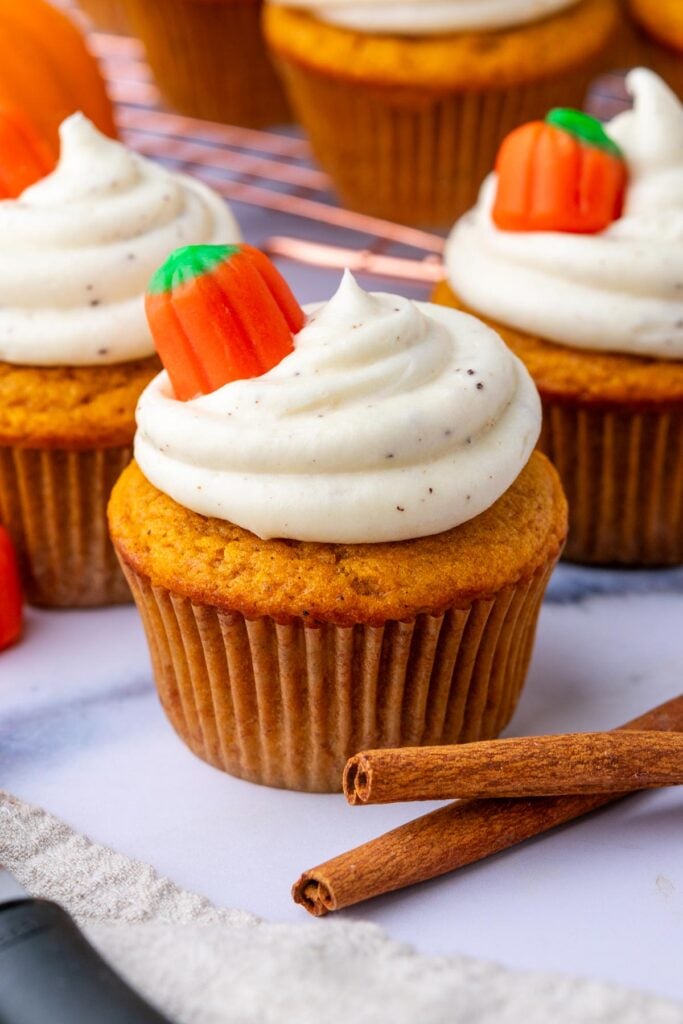 Sourdough pumpkin cupcakes with brown butter cream cheese frosting.