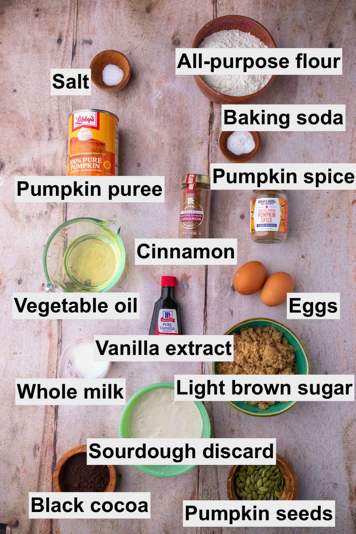 Labeled ingredients for sourdough pumpkin marble bread including all-purpose flour, salt, baking soda, pumpkin spice, cinnamon, eggs, vegetable oil, vanilla, brown sugar, milk, sourdough discard, black cocoa, and pumpkin seeds.